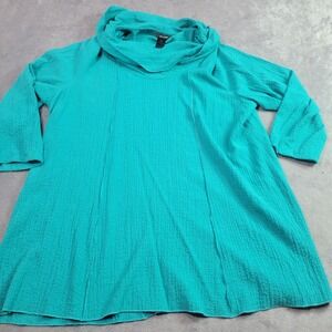 Ali Miles Womens 1X Teal Green Textured Cowl Neck 3/4 Sleeve A-Line Tunic Top